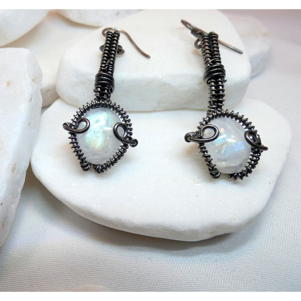 Rainbow Moonstone Sterling Silver-Artisan-Handmade-OOAK Earrings Steam Punk